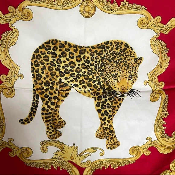 Vintage Made in Italy Leopard Print Scarf | Red Black Gold Baroque Square - Picture 3 of 7
